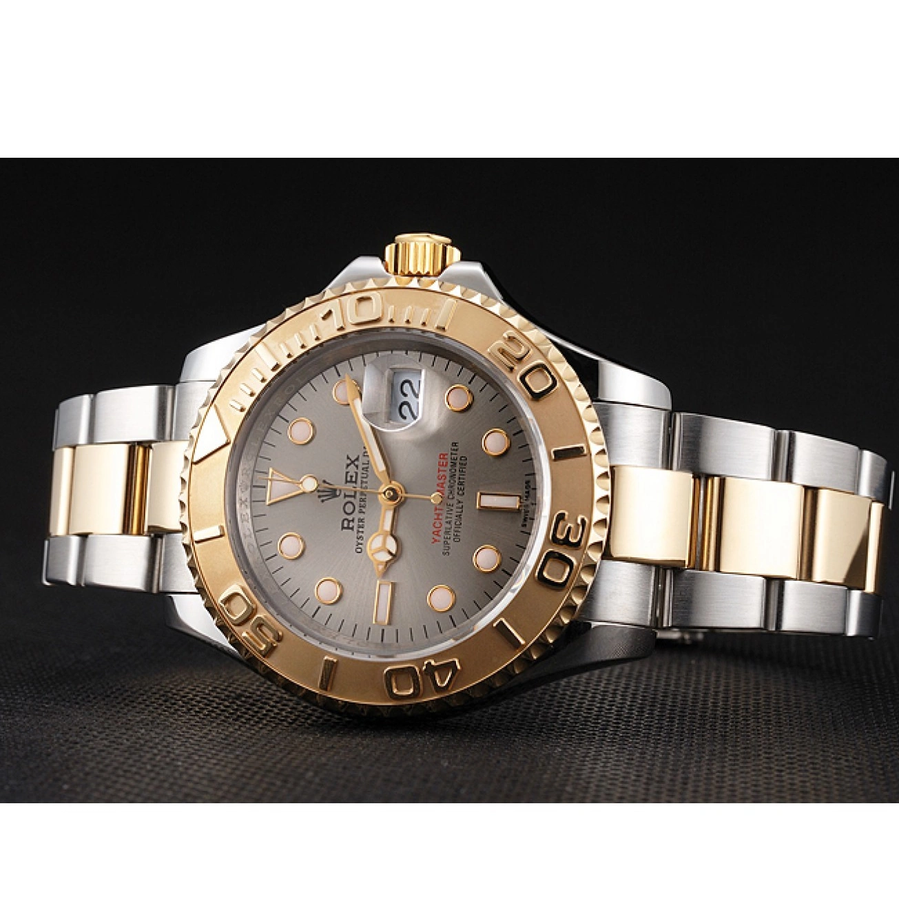 Aaa replica watch Two Dial Rolex Case Swiss Steel Tone Dial Stainless Gold Yacht-Master Gray Bezel 0525